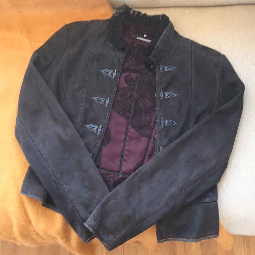Eli Tahari  Brown Lamb leather jacket Lace collar M